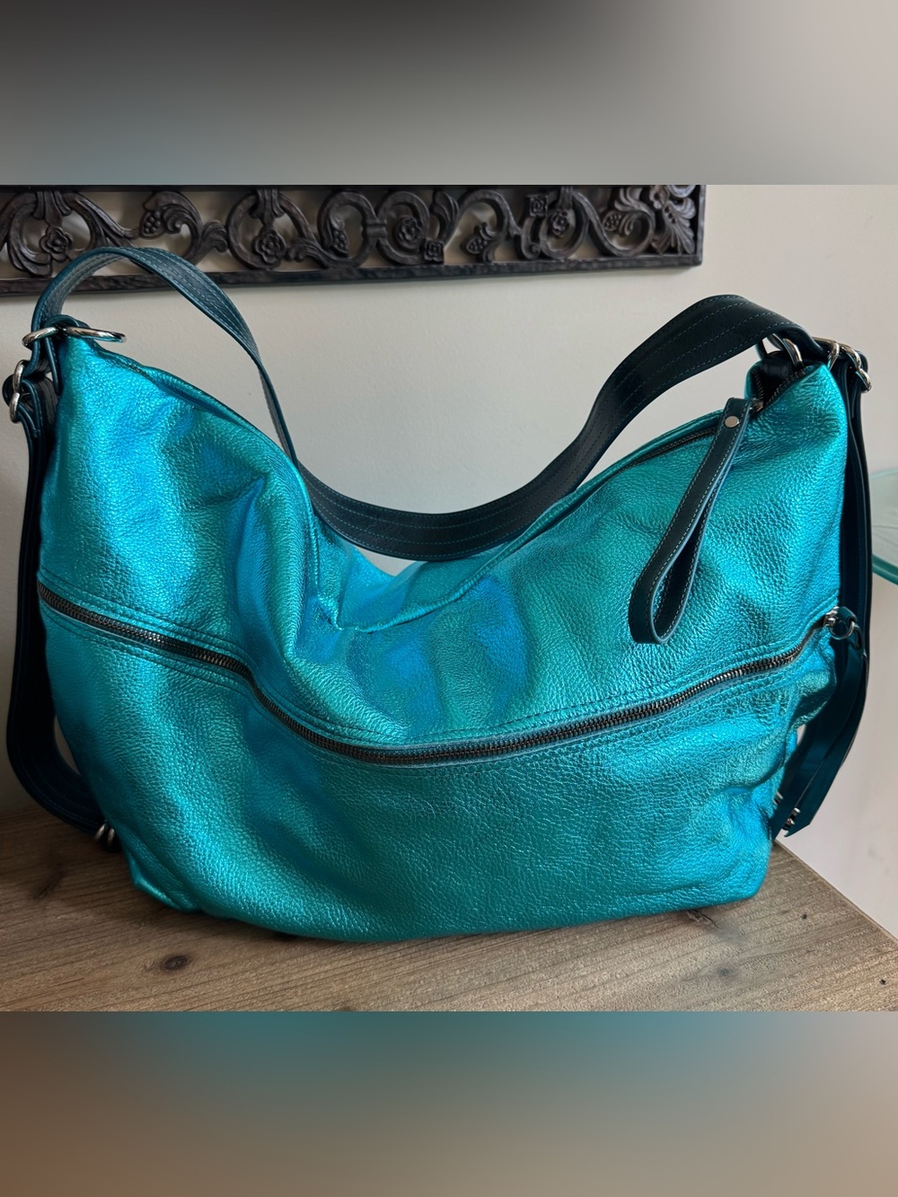 Teal Metallic Shoulder Bag with Tourmaline Straps